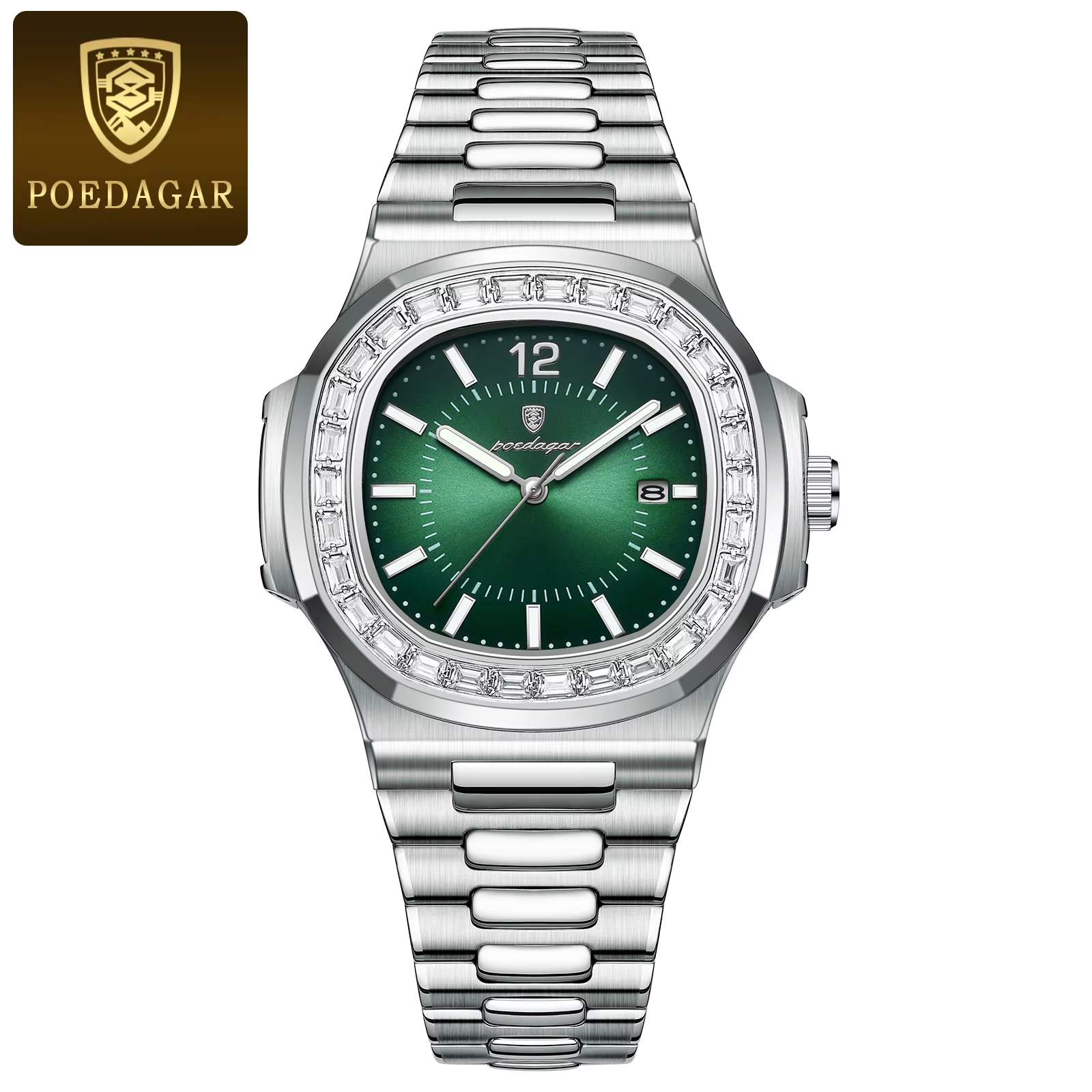 POEDAGAR 918 Quartz Analog Watch in silver green with a green dial and stainless steel bracelet.