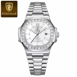 POEDAGAR 918 Quartz Analog Watch in silver white with a stainless steel bracelet.
