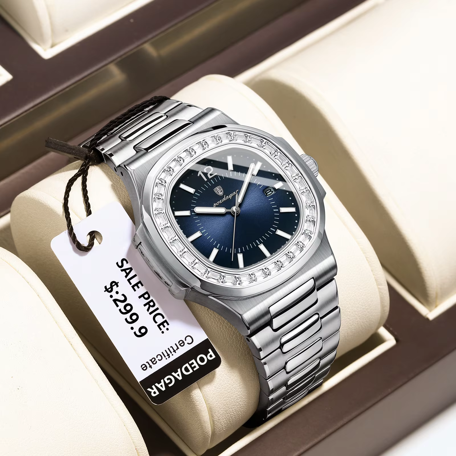 POEDAGAR 918 Quartz Analog Watch with silver stainless steel bracelet and blue dial.