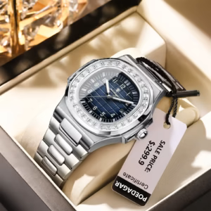 POEDAGAR 925 Quartz Analog Watch with a dark blue dial on a display cushion.
