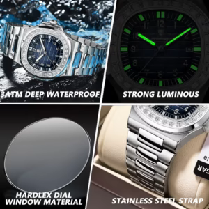 Stainless steel POEDAGAR 925 Quartz Analog Watch with dark blue dial in splashing water.