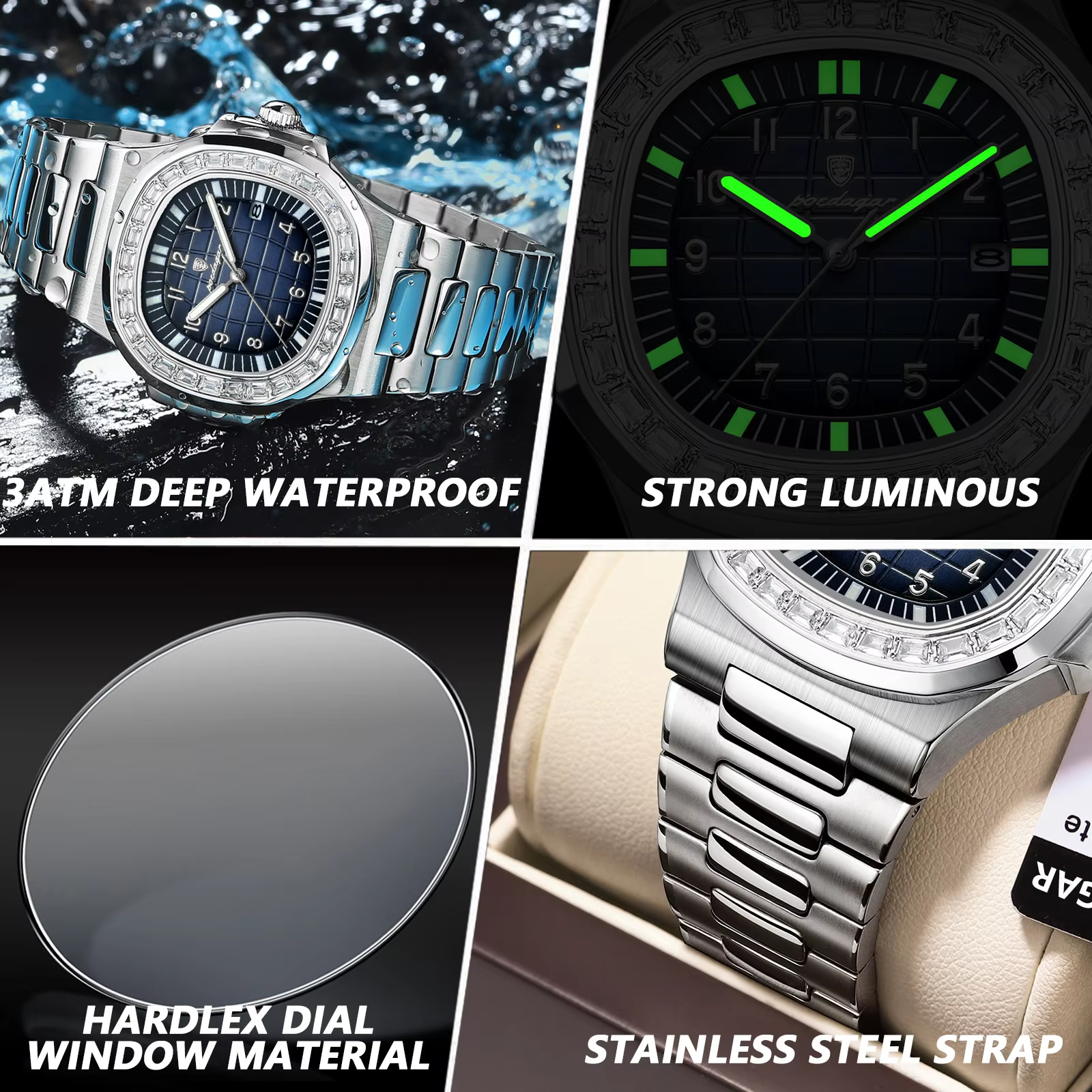 Stainless steel POEDAGAR 925 Quartz Analog Watch with dark blue dial in splashing water.