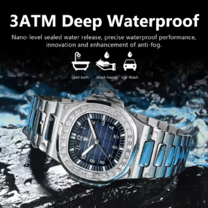 POEDAGAR 925 Quartz Analog Watch gallery showing clasp, luminous hands, mirror, and stainless steel strap.