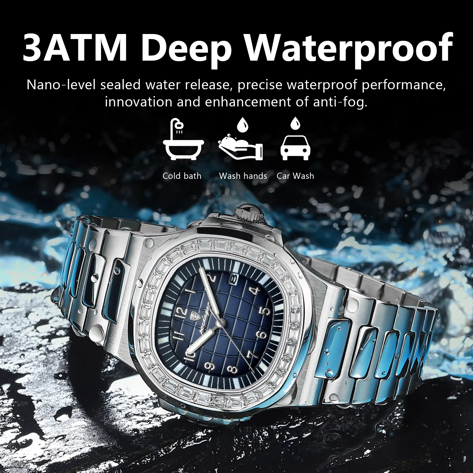 POEDAGAR 925 Quartz Analog Watch gallery showing clasp, luminous hands, mirror, and stainless steel strap.