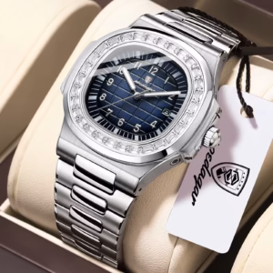 POEDAGAR 925 Quartz Analog Watch with stainless steel bracelet and dark blue dial.