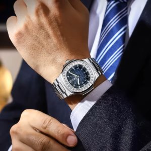 Person wearing POEDAGAR 925 Quartz Analog Watch with dark blue dial and steel bracelet.