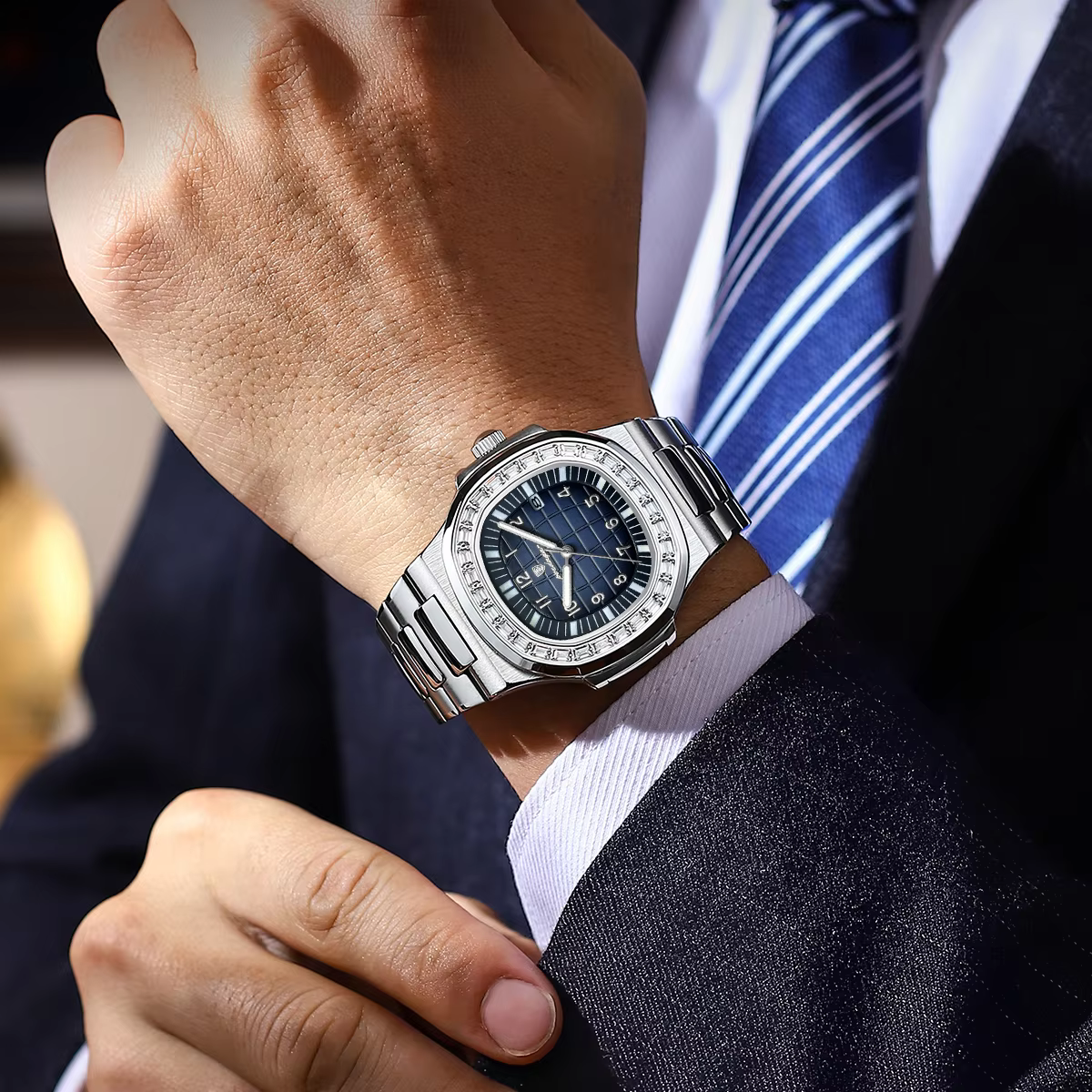 Person wearing POEDAGAR 925 Quartz Analog Watch with dark blue dial and steel bracelet.