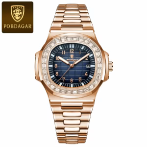 POEDAGAR 925 Quartz Analog Watch in rose gold with a blue dial.