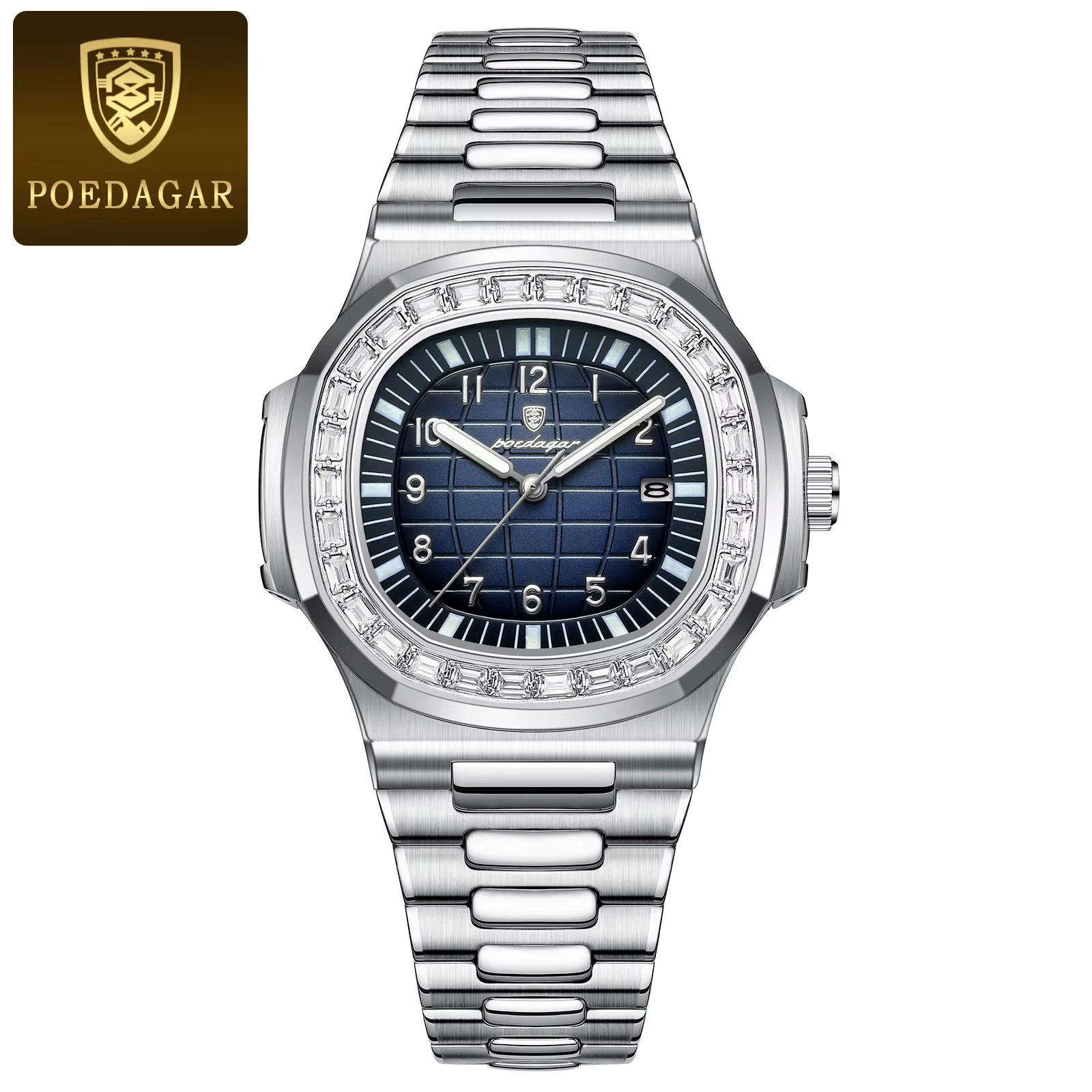 Silver blue POEDAGAR 925 Quartz Analog Watch with dark blue dial.