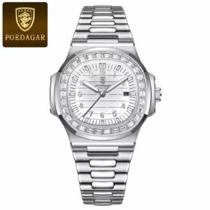 POEDAGAR 925 Quartz Analog Watch in silver white with stainless steel bracelet.