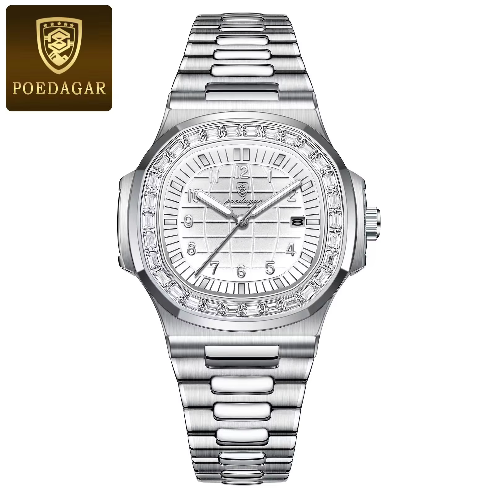 POEDAGAR 925 Quartz Analog Watch in silver white with stainless steel bracelet.