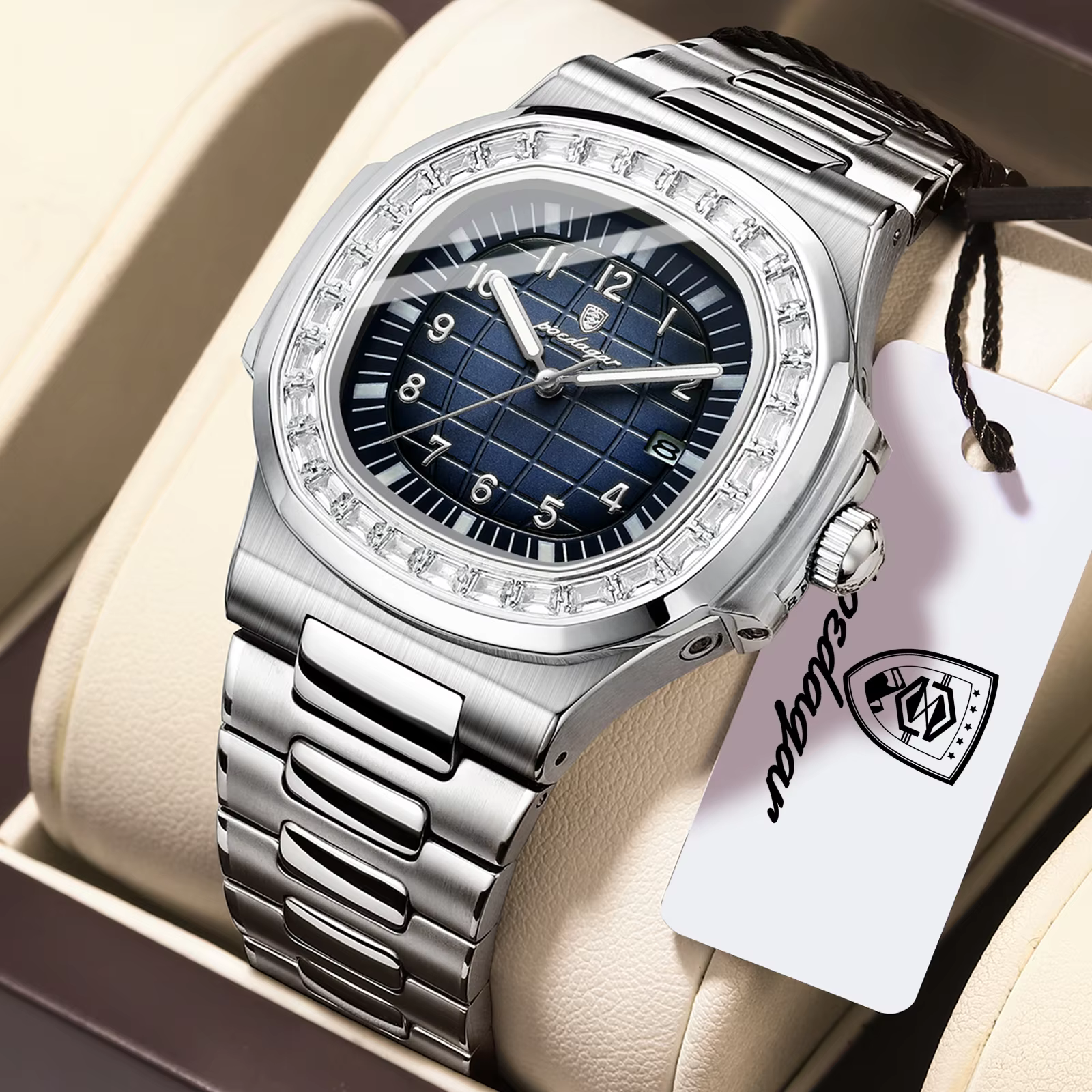 POEDAGAR 925 Quartz Analog Watch with stainless steel bracelet and dark blue dial.