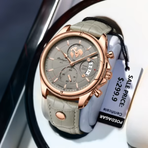 POEDAGAR 989 Quartz Chronograph Watch with rose gold case, grey dial, and grey leather band.