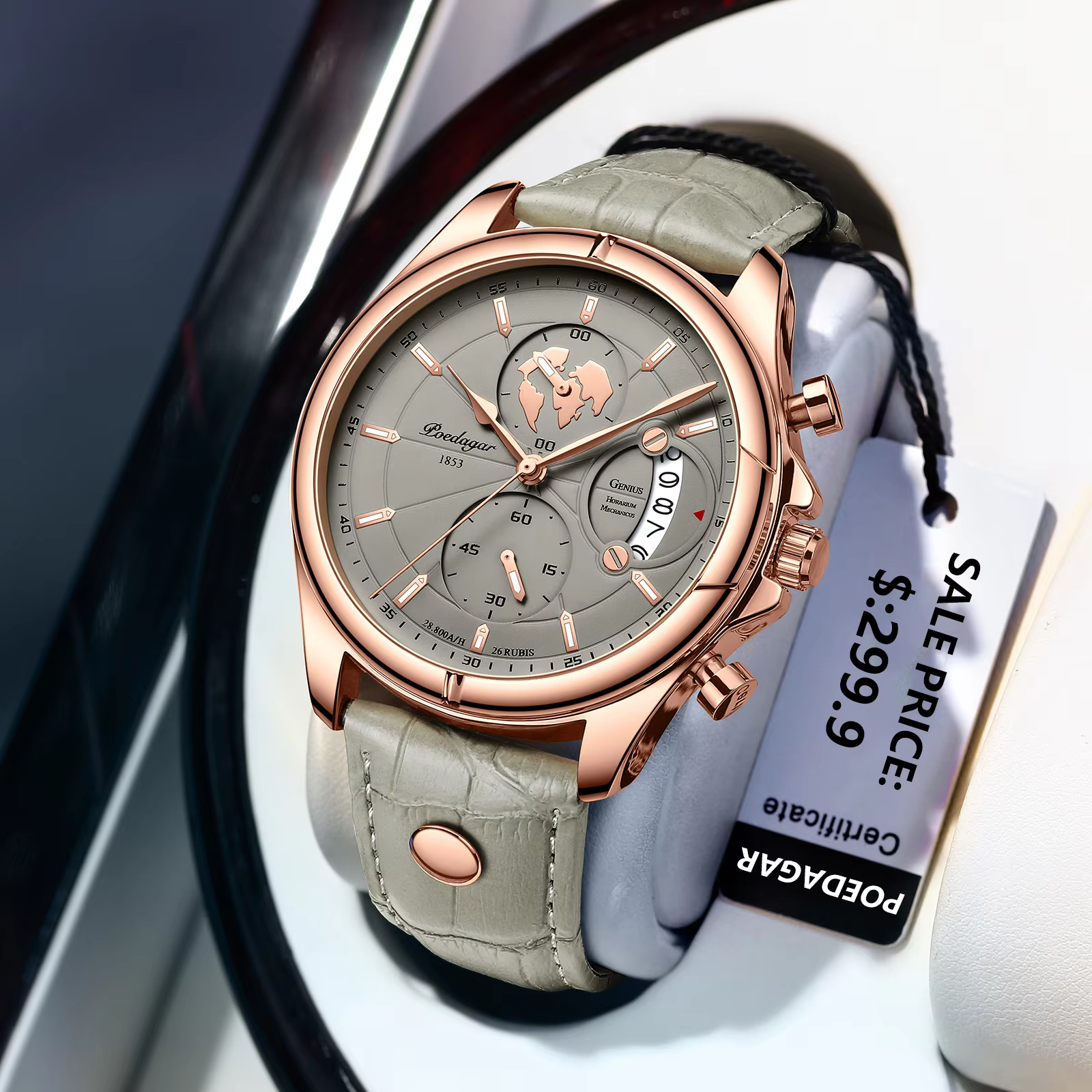 POEDAGAR 989 Quartz Chronograph Watch with rose gold case, grey dial, and grey leather band.