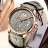 POEDAGAR 989 Quartz Chronograph Watch with rose gold case, grey dial, and leather band.