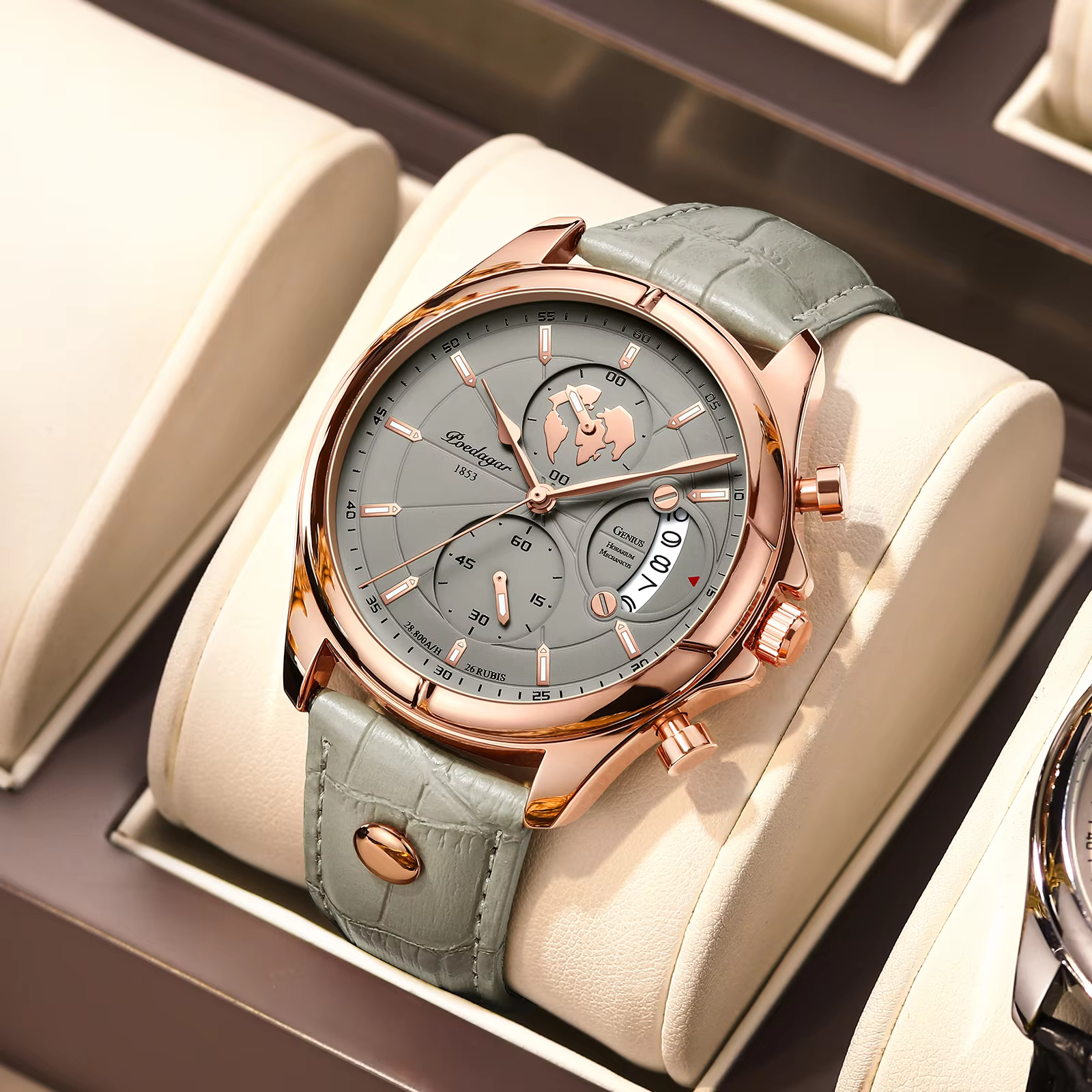 POEDAGAR 989 Quartz Chronograph Watch with rose gold case and grey leather band.