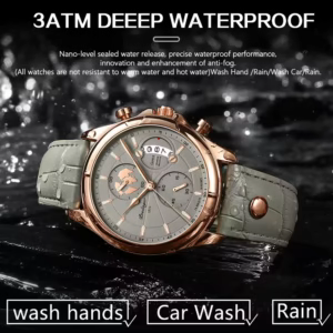 POEDAGAR 989 Quartz Chronograph Watch, rose gold case, grey leather band covered in water.