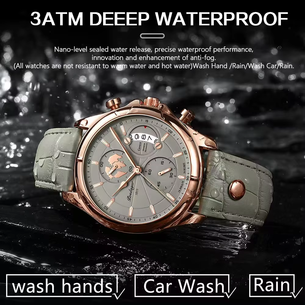 POEDAGAR 989 Quartz Chronograph Watch, rose gold case, grey leather band covered in water.