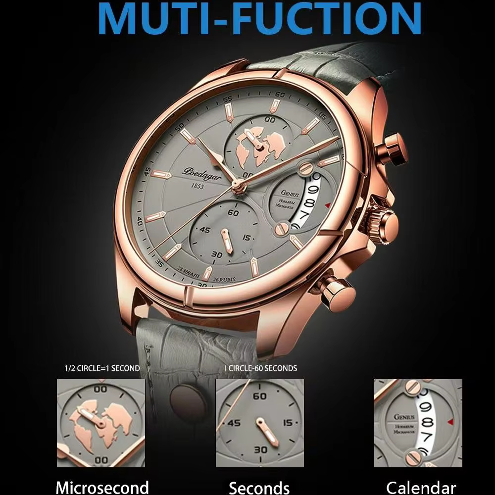 Rose gold POEDAGAR 989 Quartz Chronograph Watch with a grey dial and leather band.