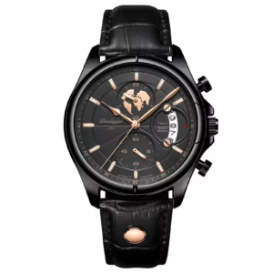 Black POEDAGAR 989 Quartz Chronograph Watch with a black leather band.