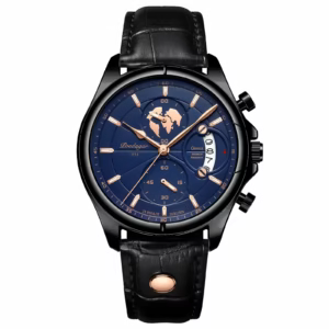 POEDAGAR 989 Quartz Chronograph Watch with a blue dial and black leather strap.