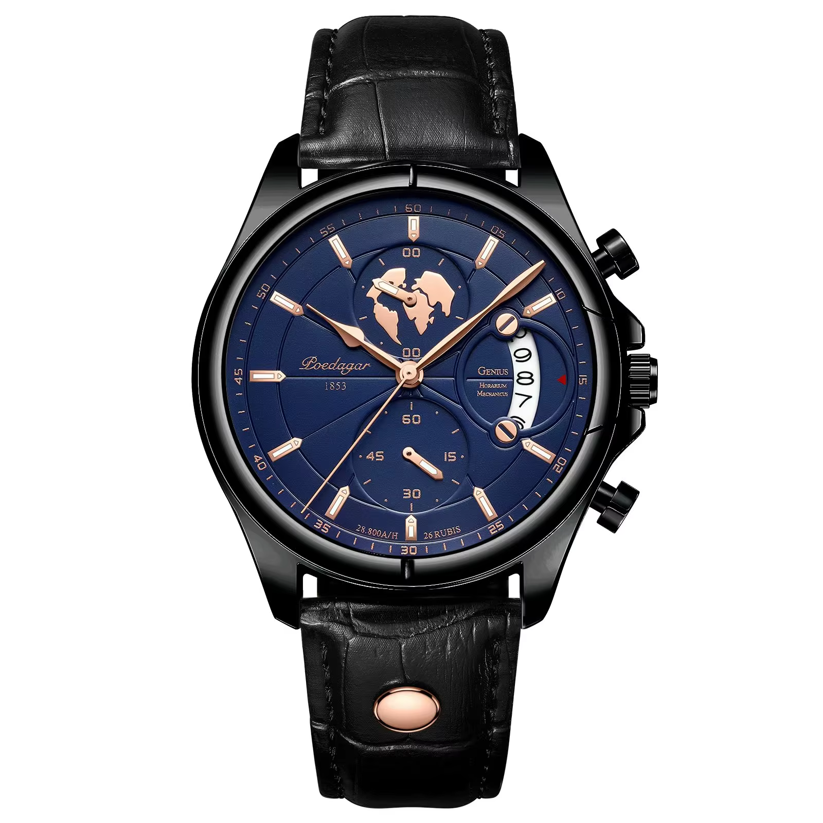 POEDAGAR 989 Quartz Chronograph Watch with a blue dial and black leather strap.