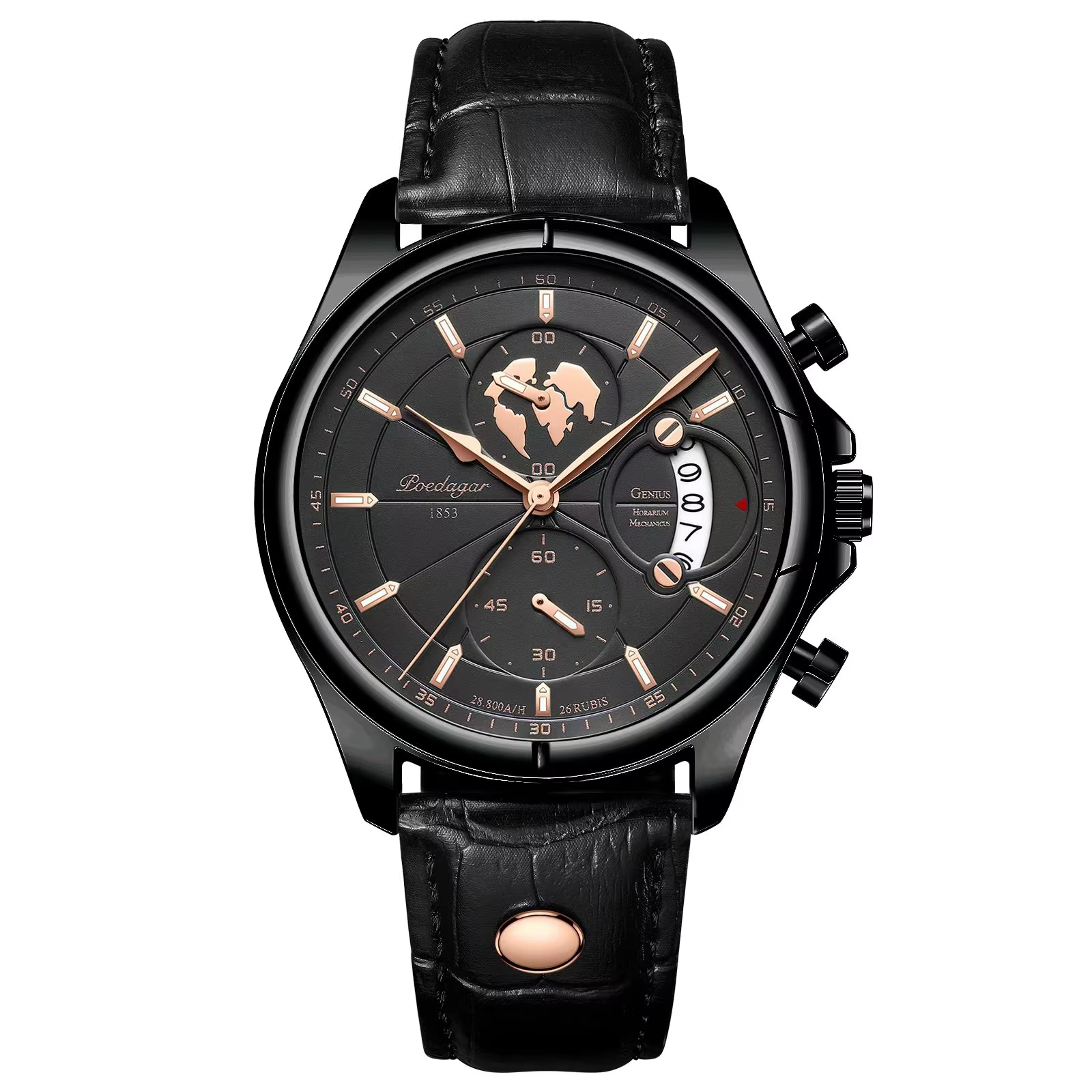 Black POEDAGAR 989 Quartz Chronograph Watch with a black leather band.