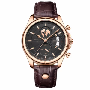 POEDAGAR 989 Quartz Chronograph Watch in rose gold black with a leather band.