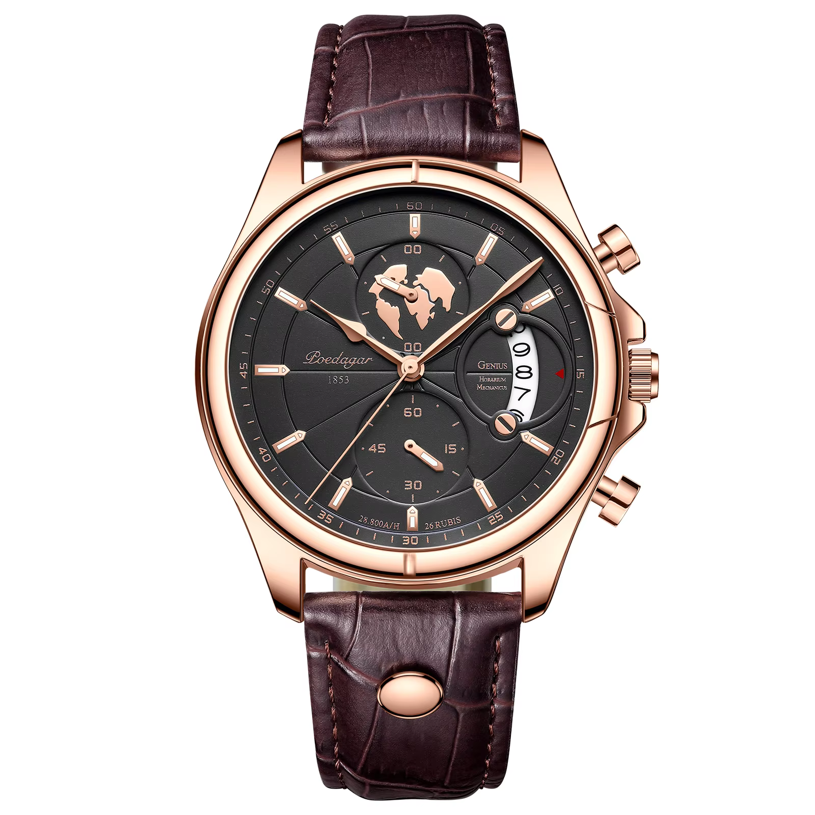 POEDAGAR 989 Quartz Chronograph Watch in rose gold black with a leather band.