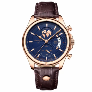 POEDAGAR 989 Quartz Chronograph Watch in rose gold blue with a brown leather band.