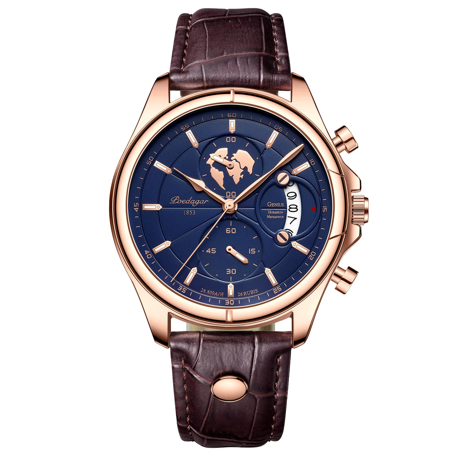 POEDAGAR 989 Quartz Chronograph Watch in rose gold blue with a brown leather band.