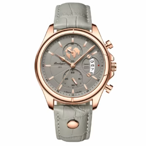 POEDAGAR 989 Quartz Chronograph Watch in rose gold khaki with a leather band.