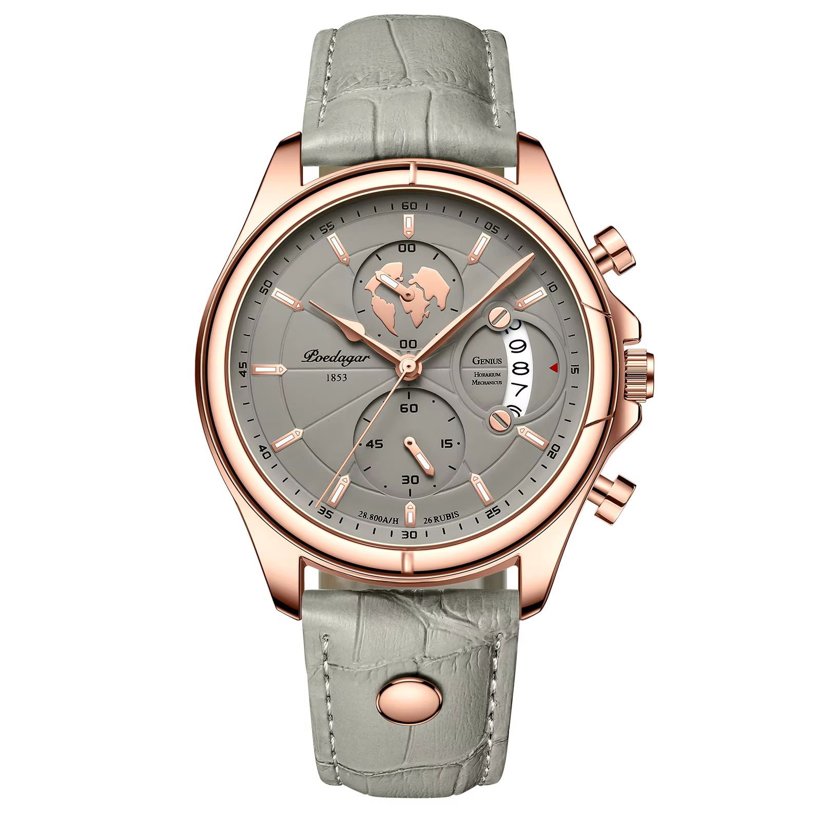 POEDAGAR 989 Quartz Chronograph Watch in rose gold khaki with a leather band.