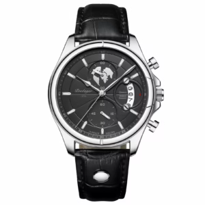 POEDAGAR 989 Quartz Chronograph Watch in silver black with a black leather band.