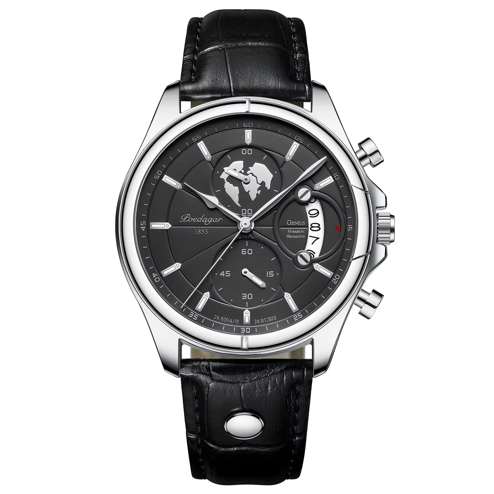 POEDAGAR 989 Quartz Chronograph Watch in silver black with a black leather band.