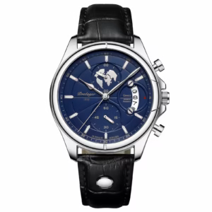 POEDAGAR 989 Quartz Chronograph Watch in silver blue with a black leather band.