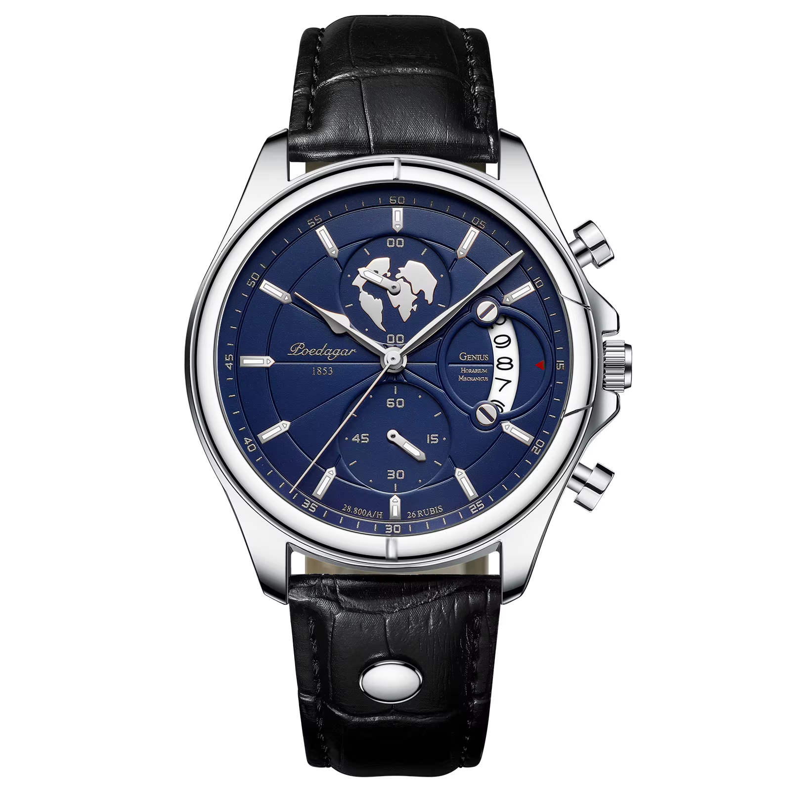 POEDAGAR 989 Quartz Chronograph Watch in silver blue with a black leather band.