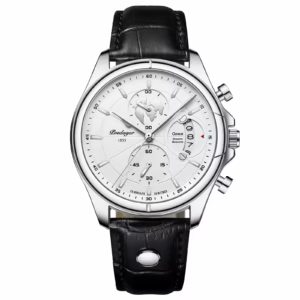 POEDAGAR 989 Quartz Chronograph Watch in silver white with a black leather band.