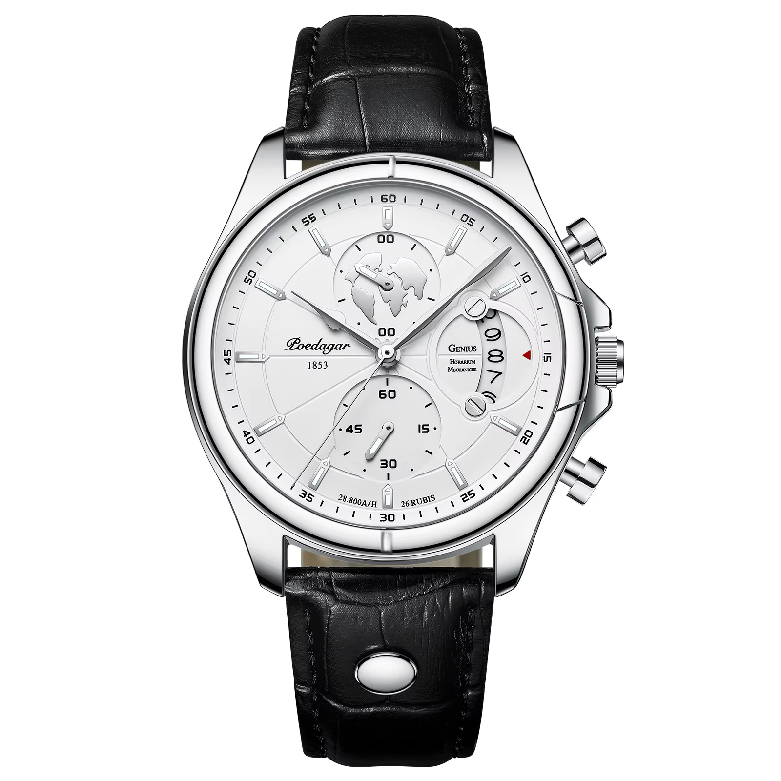 POEDAGAR 989 Quartz Chronograph Watch in silver white with a black leather band.