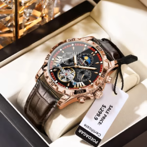 POEDAGAR 1410L Automatic Skeleton Watch with black dial, gold-tone case, and brown leather strap.