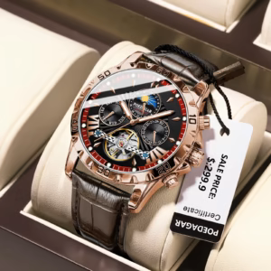 POEDAGAR 1410L Automatic Skeleton Watch with black dial, rose gold case, and leather strap.