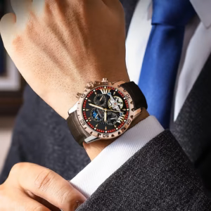 POEDAGAR 1410L Automatic Skeleton Watch with black dial and leather strap worn on a wrist.