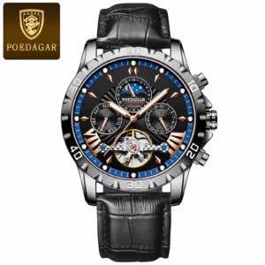 Black and blue POEDAGAR 1410L Automatic Skeleton Watch with a black leather strap.