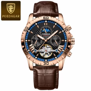 POEDAGAR 1410L Automatic Skeleton Watch in rose gold and blue with a brown leather strap.