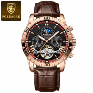POEDAGAR 1410L Automatic Skeleton Watch in rose gold and red with a brown leather strap.