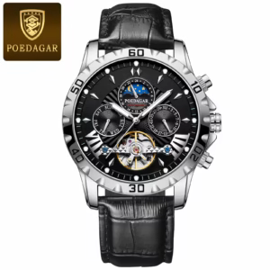 POEDAGAR 1410L Automatic Skeleton Watch in silver black with a black leather strap.