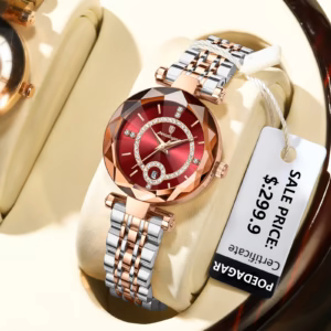 POEDAGAR 726 Quartz Analog Watch with red dial and two-tone bracelet.