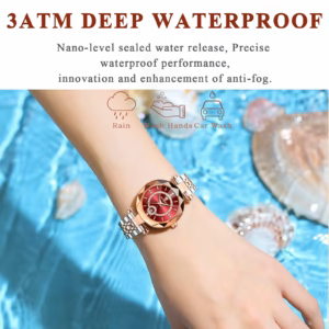 POEDAGAR 726 Quartz Analog Watch with red dial on wrist demonstrating 3ATM waterproof rating.