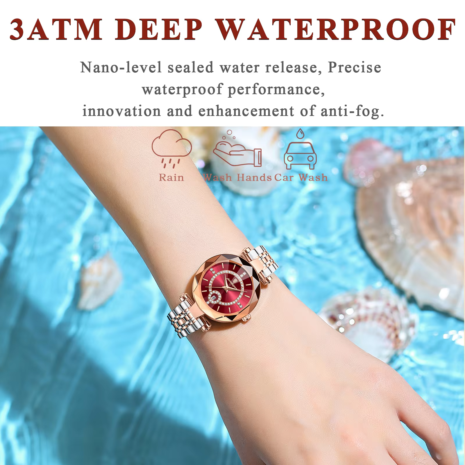 POEDAGAR 726 Quartz Analog Watch with red dial on wrist demonstrating 3ATM waterproof rating.