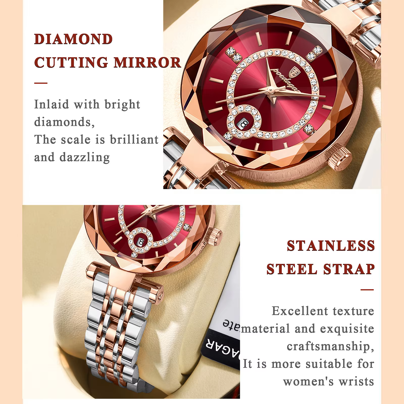 POEDAGAR 726 Quartz Analog Watch featuring a red dial, faceted bezel, and two-tone bracelet.